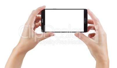 Female Hands Holding Smart Phone with Blank Screen on White