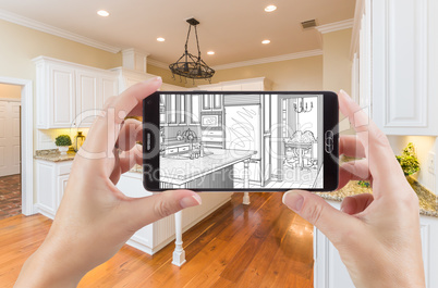 Hands Holding Smart Phone Displaying Drawing of Kitchen Photo Be