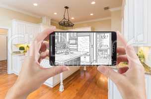 Hands Holding Smart Phone Displaying Drawing of Kitchen Photo Be