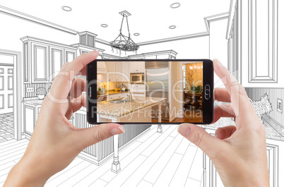 Hands Holding Smart Phone Displaying Photo of Kitchen Drawing Be