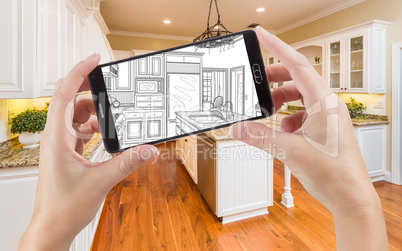 Hands Holding Smart Phone Displaying Drawing of Kitchen Photo Be