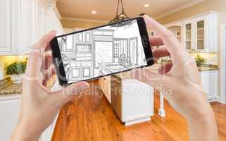 Hands Holding Smart Phone Displaying Drawing of Kitchen Photo Be