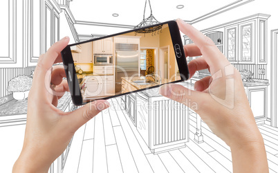 Hands Holding Smart Phone Displaying Photo of Kitchen Drawing Be