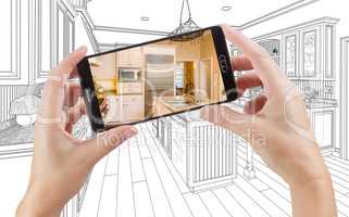 Hands Holding Smart Phone Displaying Photo of Kitchen Drawing Be