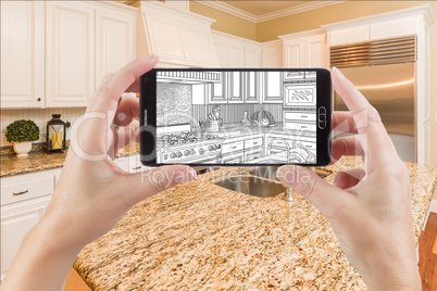 Hands Holding Smart Phone Displaying Drawing of Kitchen Photo Be