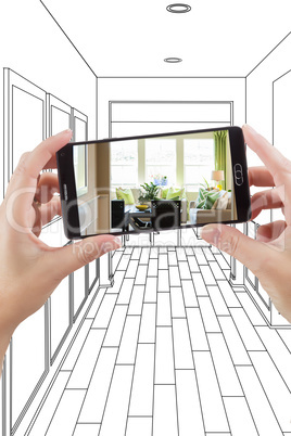 Hands Holding Smart Phone Displaying Photo of House Hallway Draw