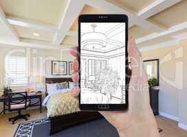 Hand Holding Smart Phone Displaying Drawing of Bedroom Photo Beh