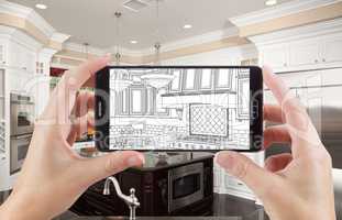 Hands Holding Smart Phone Displaying Drawing of Kitchen Photo Be
