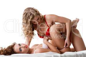 Two female models in lingerie isolated on white