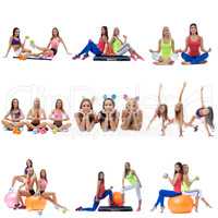 Set collection of sporty women exerxicing on white