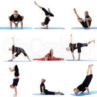Set collection of sporty man doing yoga on white
