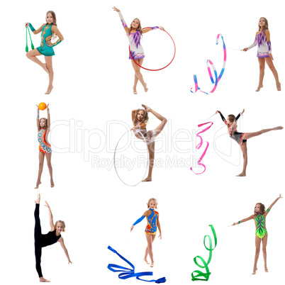 Set collection of junior gymnast girl on white