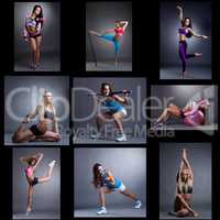 Slim young women doing fitness photo collage