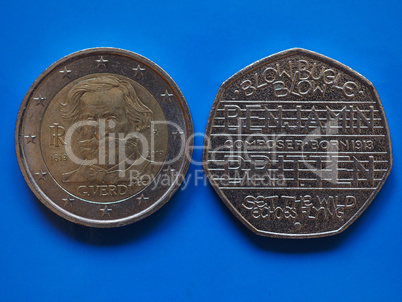 Two Euros and 20 Pence coin over blue