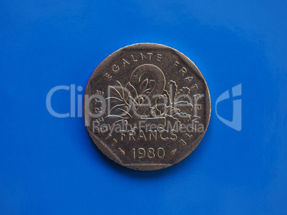 2 francs coin, France over blue