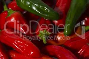 Red and green chillies in close-up