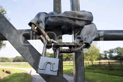 Steel padlock on iron gate