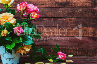 Bouquet of multicolored roses in an iron bucket