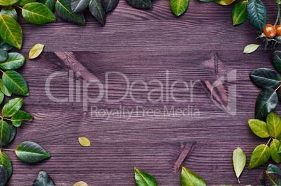Wooden brown background with green and yellow leaves