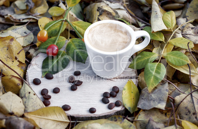 cup of espresso on a wooden stump