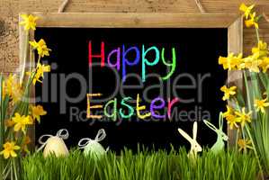 Narcissus, Egg, Bunny, Colorful Text Happy Easter