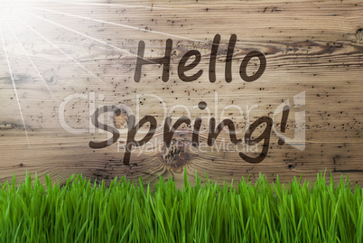 Sunny Wooden Background, Gras, Text Hello Spring