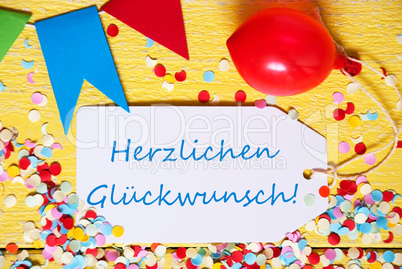 Party Label, Red Balloon, Herzlichen Glueckwunsch Means Congratulations