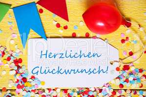 Party Label, Red Balloon, Herzlichen Glueckwunsch Means Congratulations