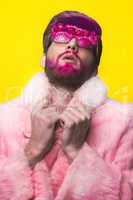 Man in a Pink Fur Coat and Carnival Glasses