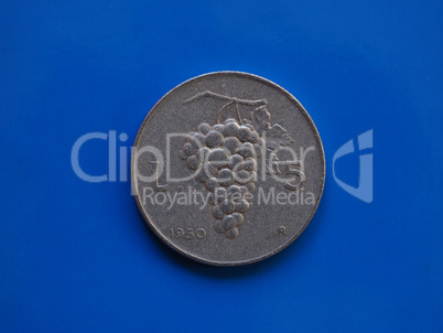 5 liras coin, Italy over blue