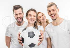 Cheerful friends with soccer ball