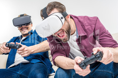 Friends in virtual reality headsets