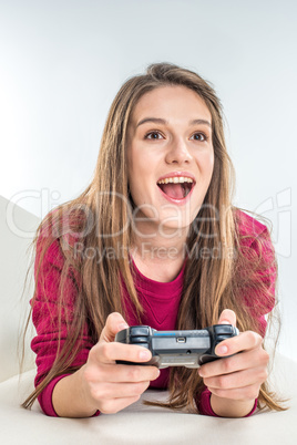 Woman playing with joystick