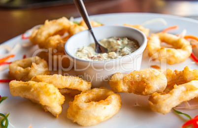 Deep fried calamari rings with sauce bowl