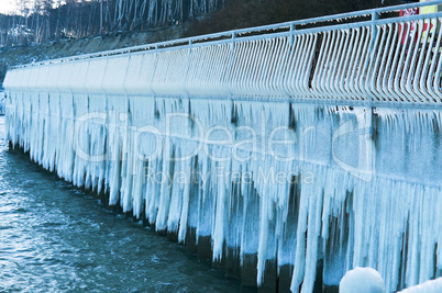 ice, winter, frost, ice, floe, cold, icicles, fence, fence, railing