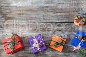 Christmas decorations on a wooden background, top view with cop