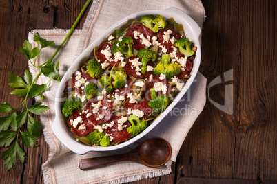 Ribbon pasta Casserole with chorizo and vegetables