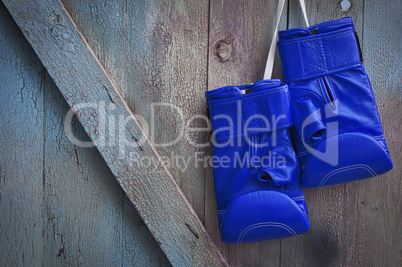 Blue leather boxing gloves hanging