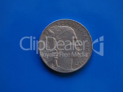 5 liras coin, Italy over blue
