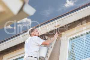 Professional Painter Using Small Roller to Paint House Facia