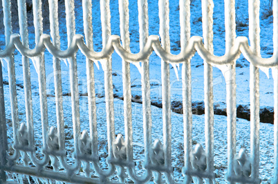 ice, winter, frost, ice, floe, cold, icicles, fence, fence, railing