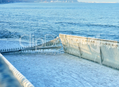 ice, winter, frost, ice, floe, cold, icicles, fence, fence, railing