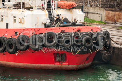 Old tires on bow ship.