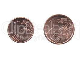 One and Two Euro Cent (EUR) coins, European Union (EU) isolated