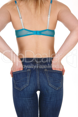 Back of woman in jeans.