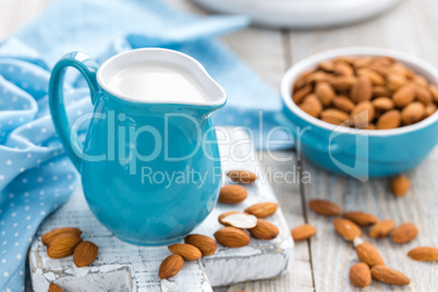 Fresh almond milk and nuts, vegan drink