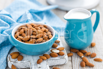 Fresh almond milk and nuts, vegan drink