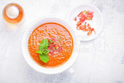 Bowl of Fresh tomato soup Gazpacho.