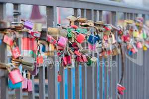 Colorful love lock on the Ellerntorsbridge in Hamburg
