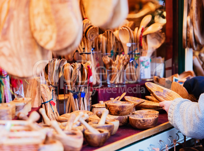 Wooden kitchen accessories shop at the Christmas market in Hamburg